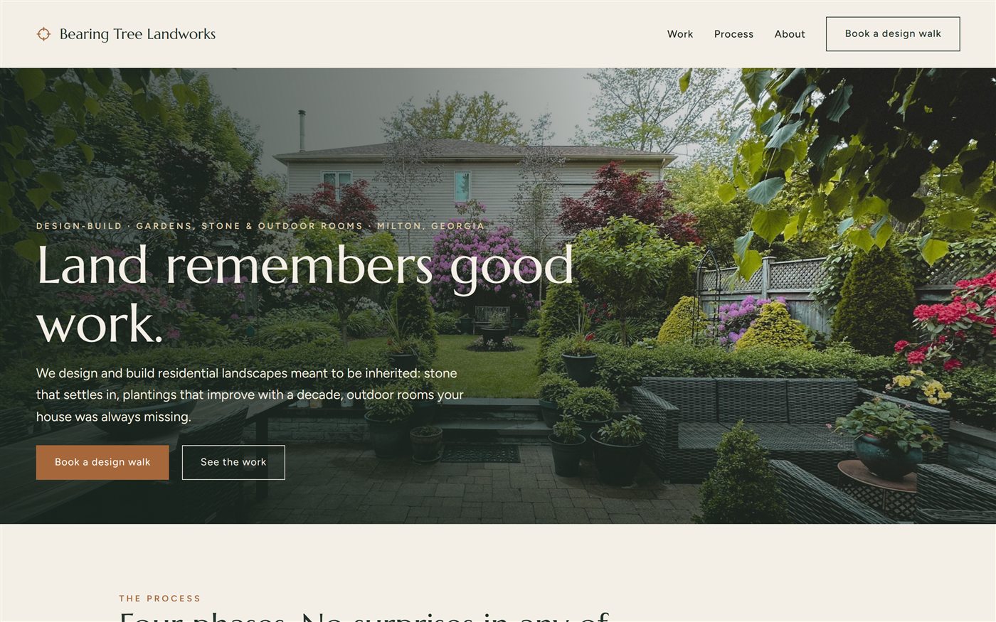 Bearing Tree Landworks concept website: full-bleed garden photograph under the serif headline 'Land remembers good work.'