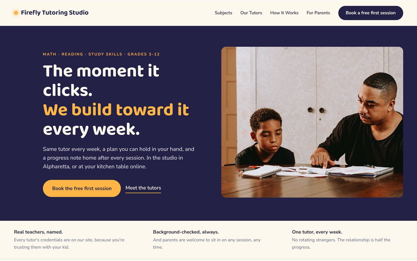 Firefly Tutoring Studio concept website: warm dusk-indigo hero, rounded amber type reading 'The moment it clicks', tutor and student working at a table