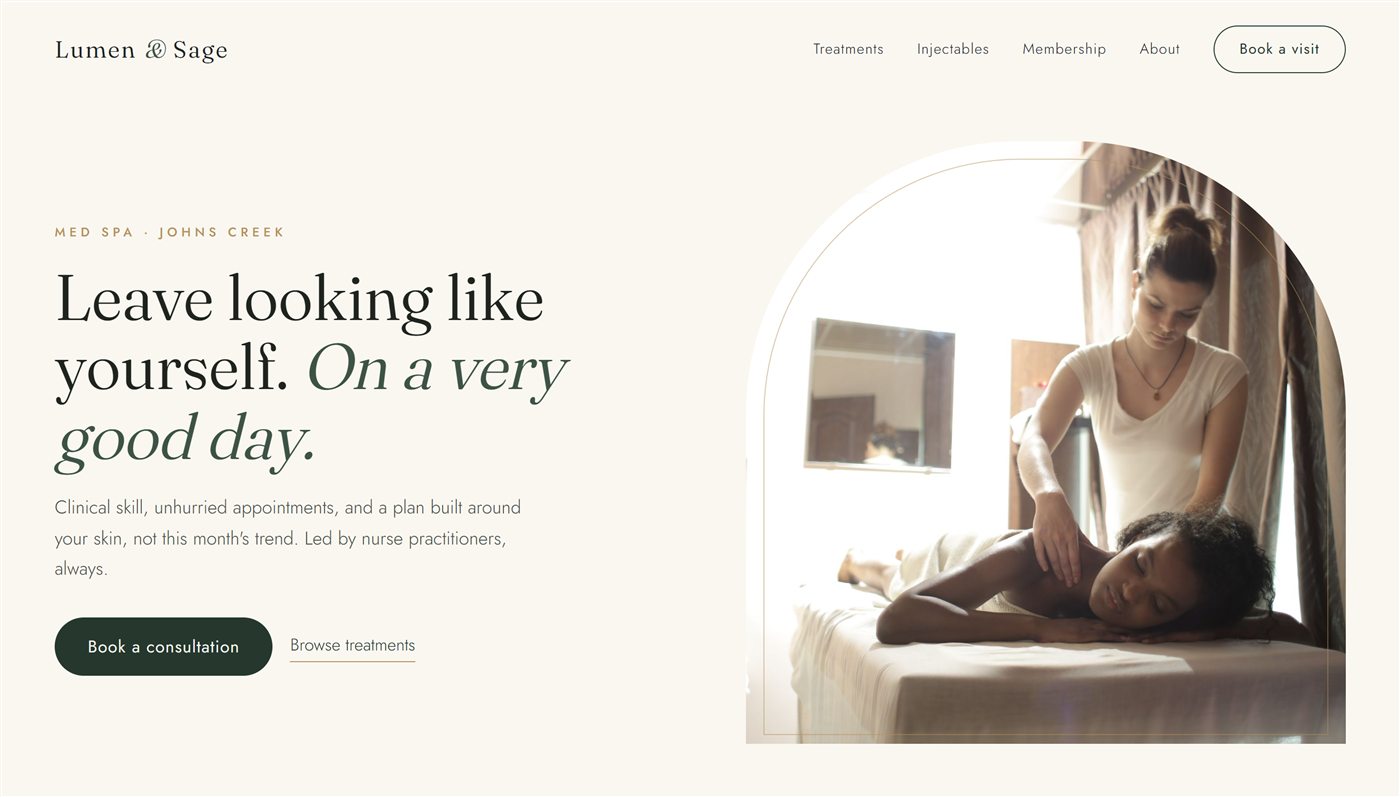 Lumen and Sage concept website: serene ivory med spa page with editorial serif type and arched treatment-room photography