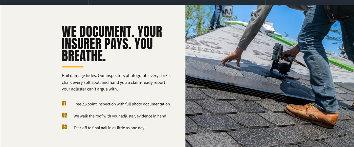 Stormgrade concept website, insurance process section: 'We document. Your insurer pays. You breathe.' beside a photo of roofers installing shingles